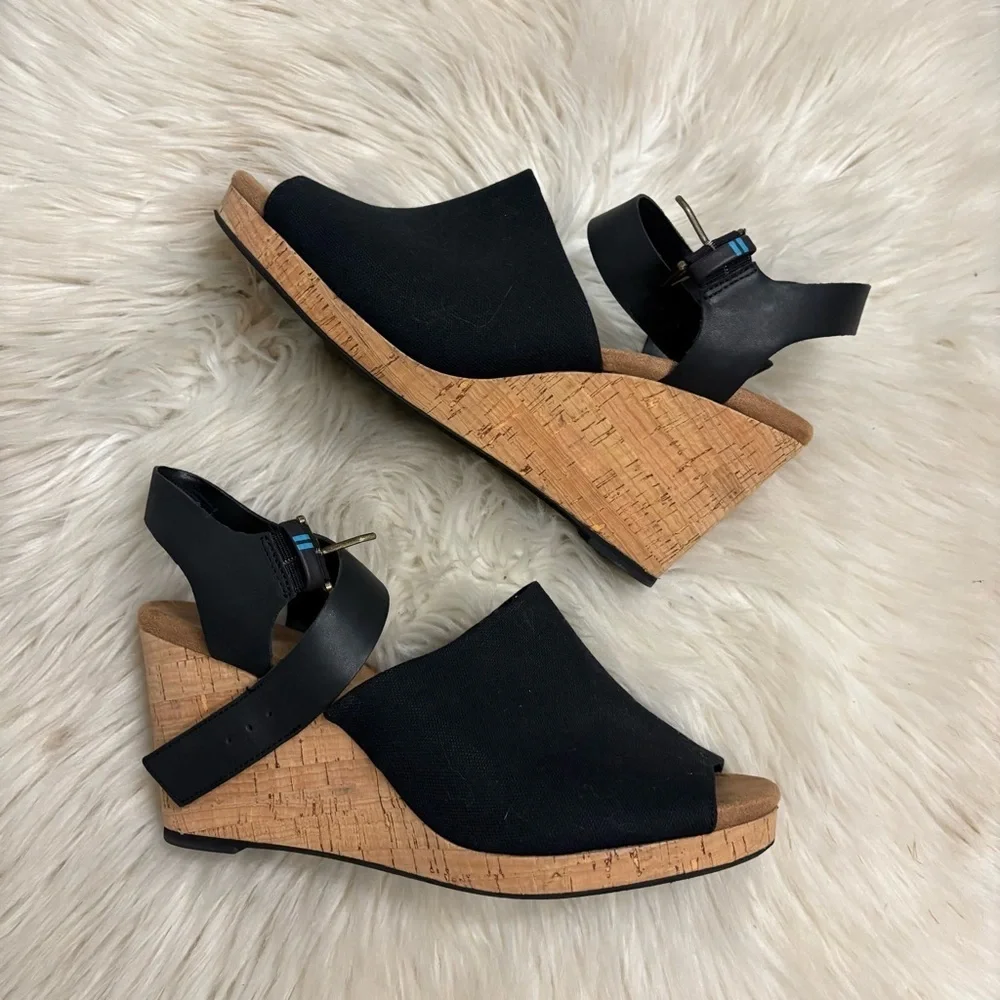 Toms Tropez Jute Wedge Slingback Sandal Platform Black Suede Heels Sz 11